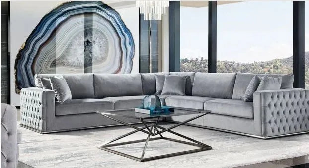 Grey Velvet Tufted 3 Piece Sectional