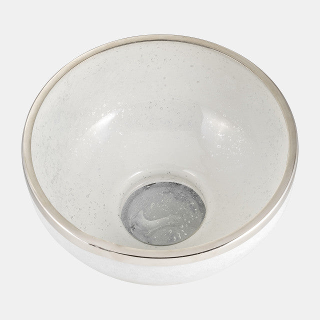 Glass 13" Bowl With Ring Deco,White