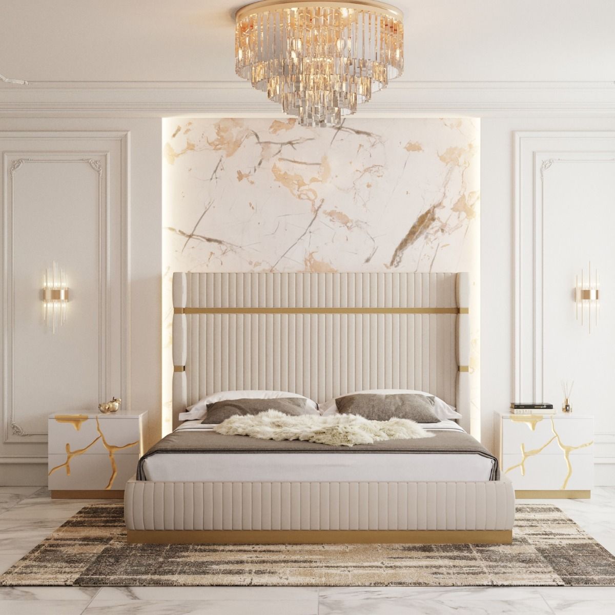 Beige & gold king bed