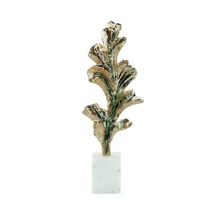Gleaming Leaf Sculpture on Marble Base, Medium Gold