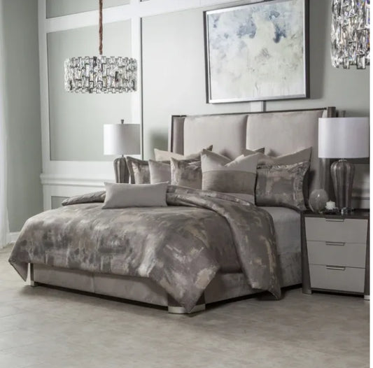 9 Piece Queen Size Grey and Gold Comforter Set