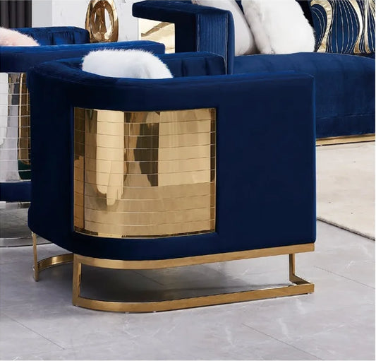 Blue Velvet Accent Chair with Polished Gold