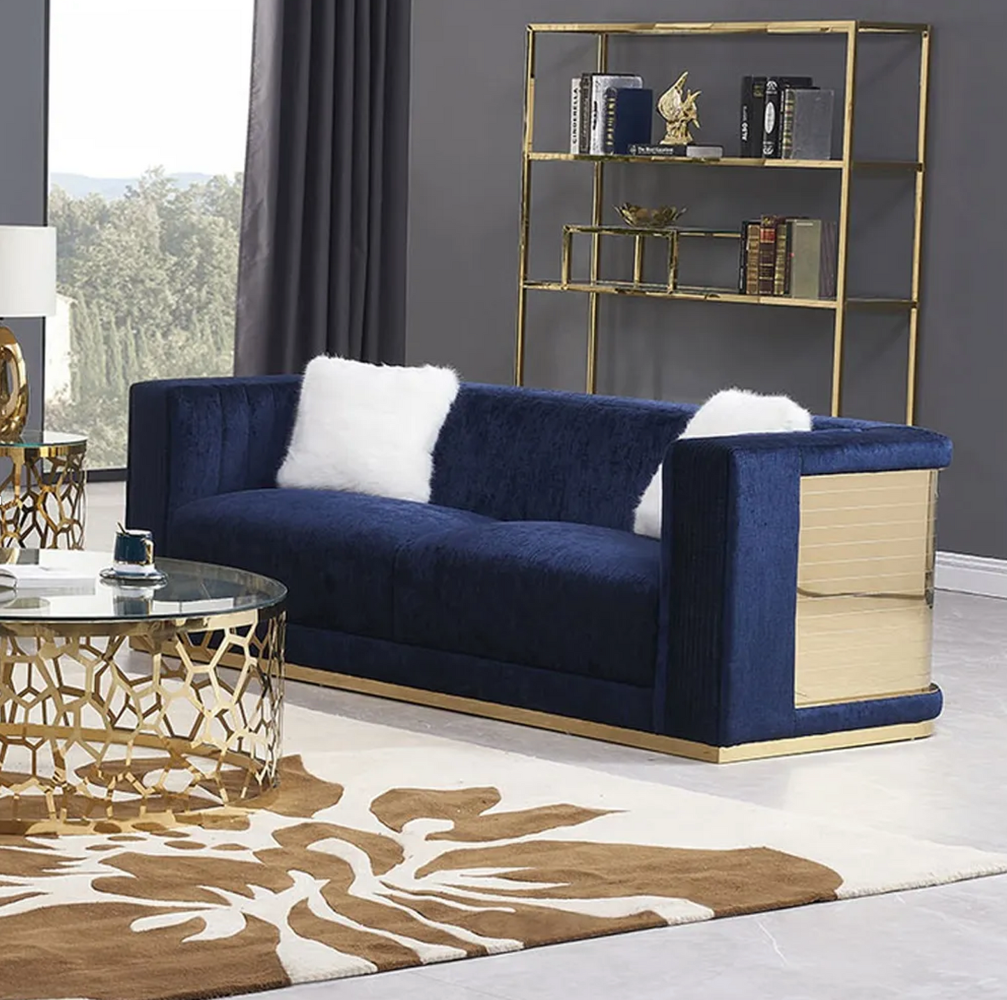 Blue Velvet Sofa with Polished Gold
