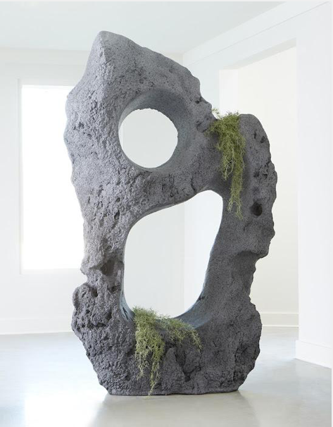 Colossal Cast Stone Sculpture, Two Holes, Charcoal Stone