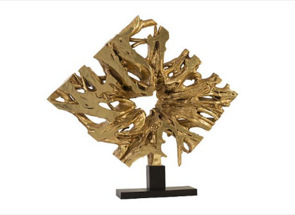 Cast Teak Root Sculpture On Base, Gold leaf