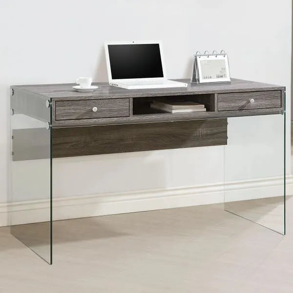 Weathered Grey Office Desk with Glass Legs