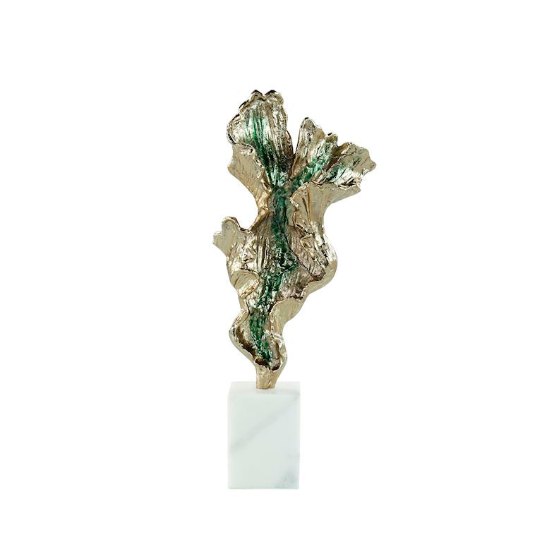 Gleaming Leaf Sculpture on Marble Base, Small Gold