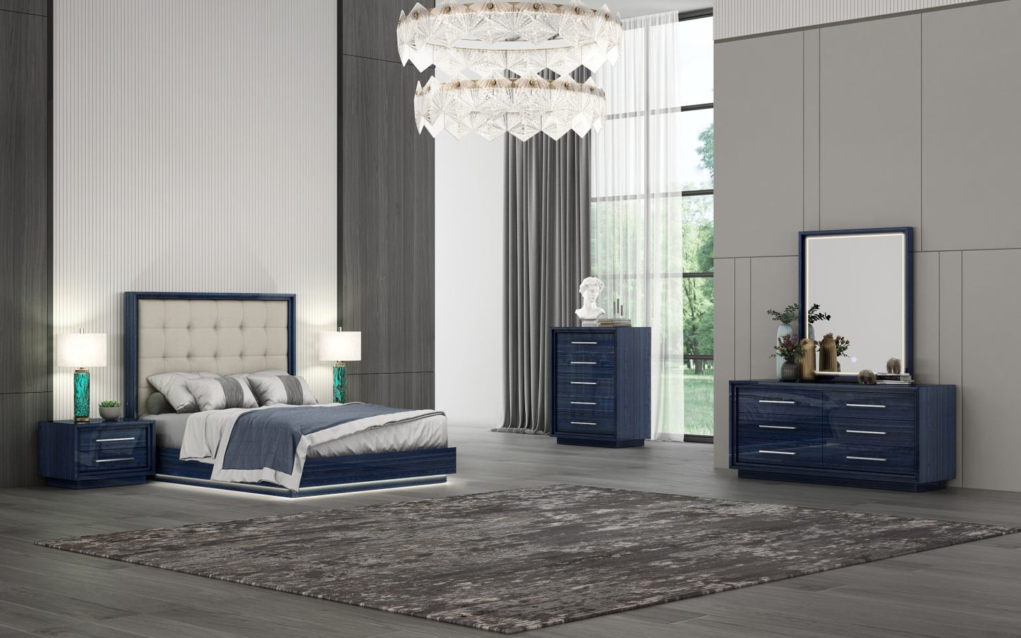 Blue Lacquer, Upholstered Bed