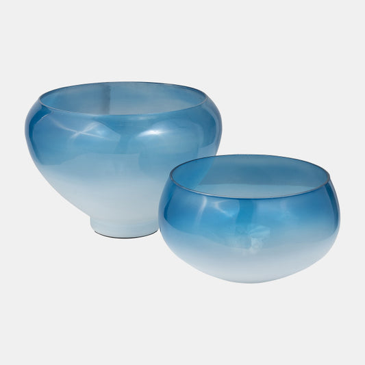 Glass, Set of 2 10/14" Decorative Bowls, Blue