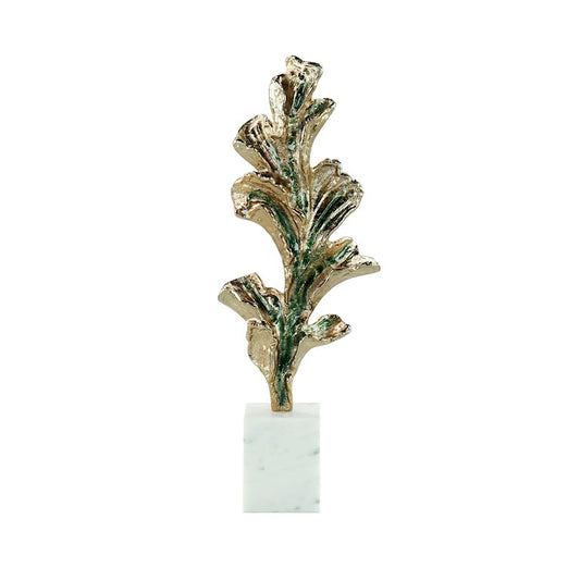 Gleaming Leaf Sculpture on Marble Base, Medium Gold